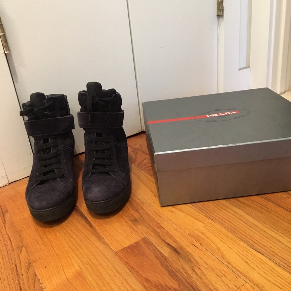 Prada Sport Suede Leather High Top Wedge Sneakers